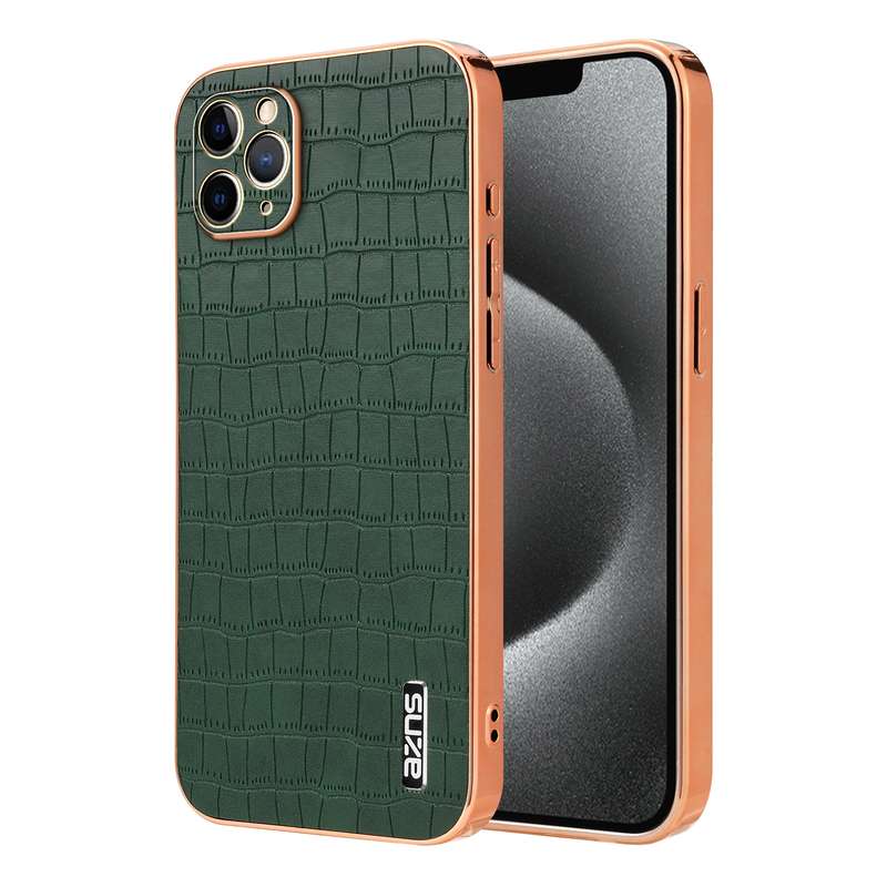 For iPhone 11 Pro Max AZNS Electroplated Frame Crocodile Texture Full Coverage Phone Case(Green