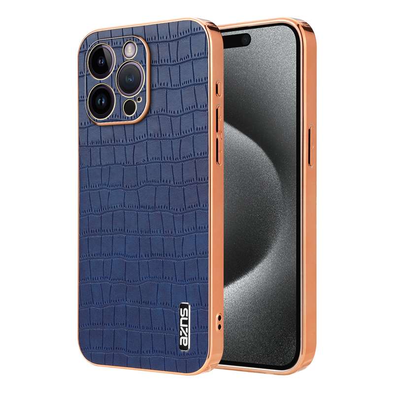 For iPhone 14 Pro Max AZNS Electroplated Frame Crocodile Texture Full Coverage Phone Case(Blue)