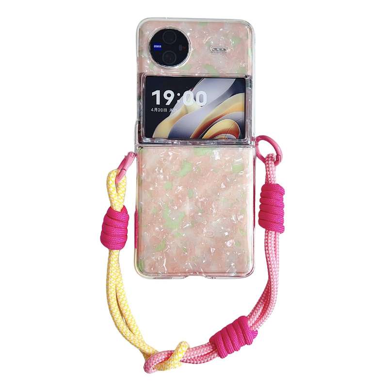 For vivo X Flip Pearlescent Shell Texture Side Buckle Phone Case with Rainbow Bracelet(Pink Gre