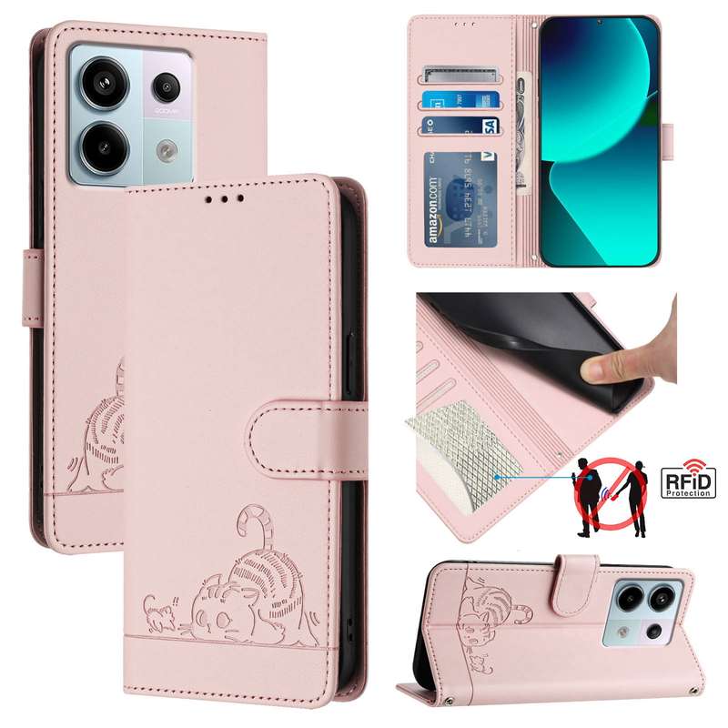 For Xiaomi Redmi Note 13 Pro 5G Global Cat Rat Embossed Pattern RFID PU Phone Case with Wrist S