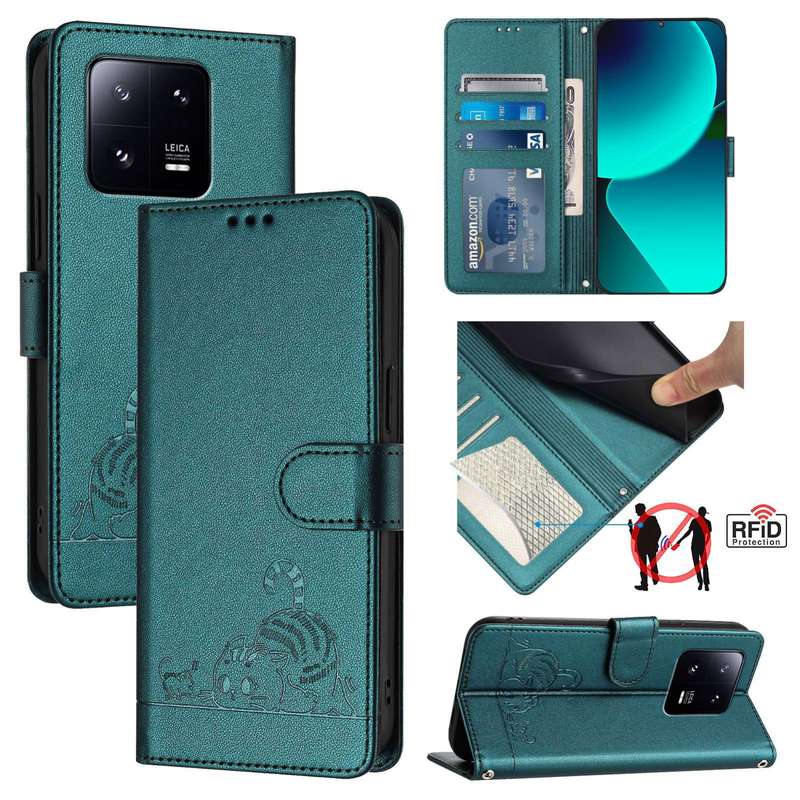 For Xiaomi 13 Pro Cat Rat Embossed Pattern RFID PU Phone Case with Wrist Strap(Peacock Green)
