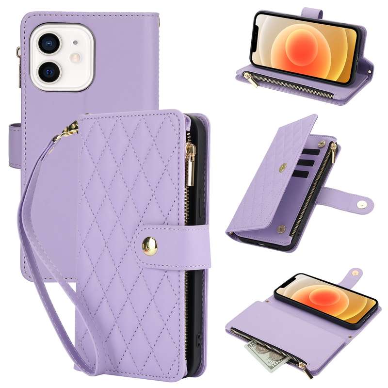 For iPhone 12 / 12 Pro YM016 Rhombic Zipper Card Wallet Leather Phone Case with Lanyard(Light P
