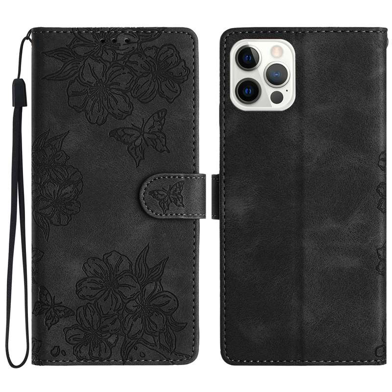 For iPhone 13 Pro Max Cherry Blossom Butterfly Skin Feel Embossed PU Phone Case(Black)