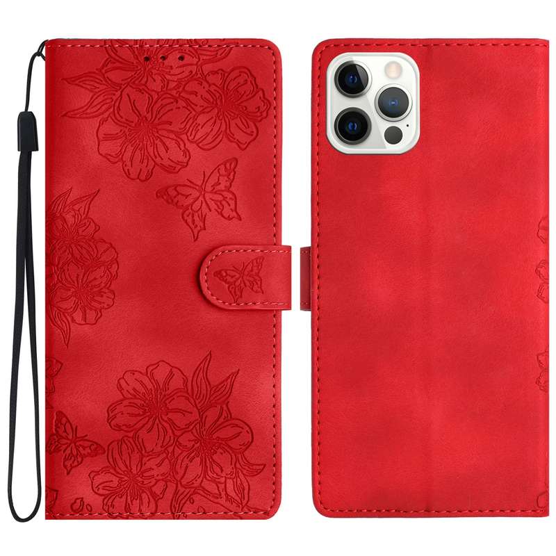 For iPhone 12 Pro Max Cherry Blossom Butterfly Skin Feel Embossed PU Phone Case(Red)