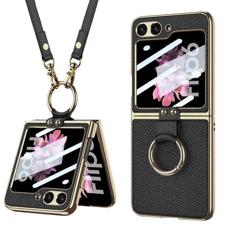 For Samsung Galaxy Z Flip6 GKK Integrated Electroplating Leather Phone Case with Ring/Strap(Bla