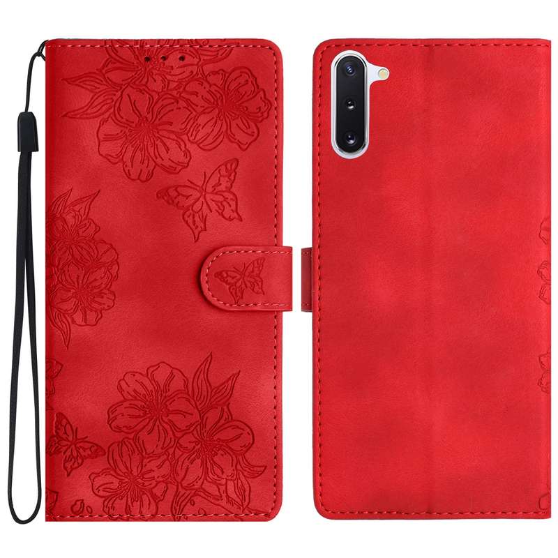 For Samsung Galaxy Note10 Cherry Blossom Butterfly Skin Feel Embossed PU Phone Case(Red)