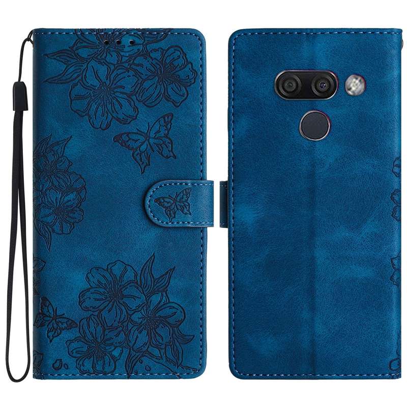 For LG K50 Cherry Blossom Butterfly Skin Feel Embossed PU Phone Case(Blue)