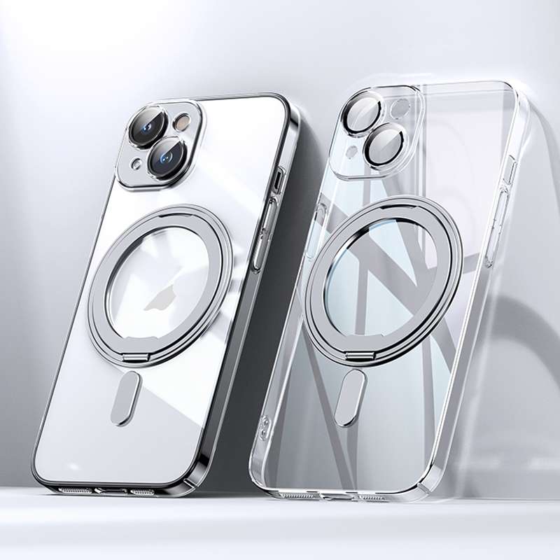 For iPhone 14 Plus Plating PC 360 Ring Holder Magsafe Phone Case(Transparent)