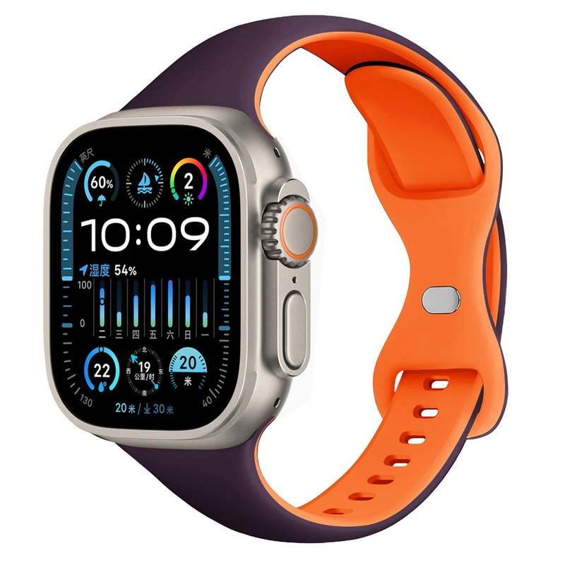 For Apple Watch Ultra 49mm Two Color Slim Butterfly Buckle Silicone Watch Band(Dark Purple Oran