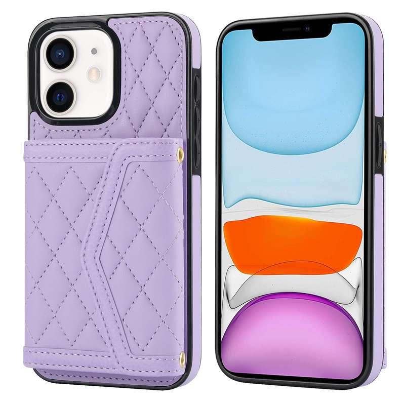 For iPhone 11 Splicing Rhombic Texture Card Bag Phone Case with Long Lanyard(Purple)