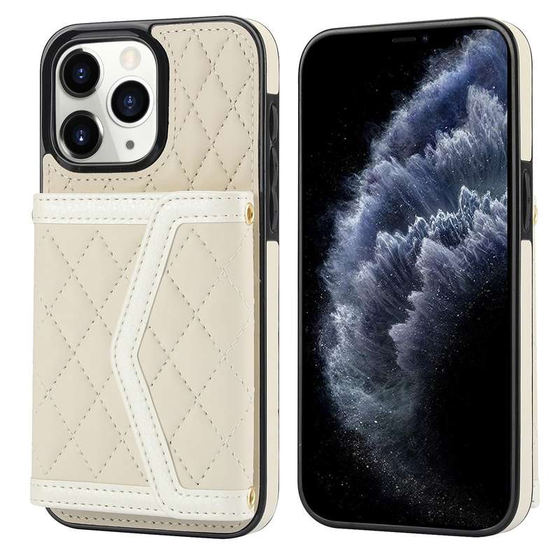 For iPhone 11 Pro Max Splicing Rhombic Texture Card Bag Phone Case with Long Lanyard(Beige)