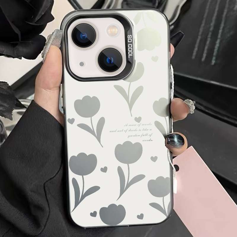 For iPhone 13 Silver Painting PC Hybrid TPU Phone Case(Hollow Tulips Black)