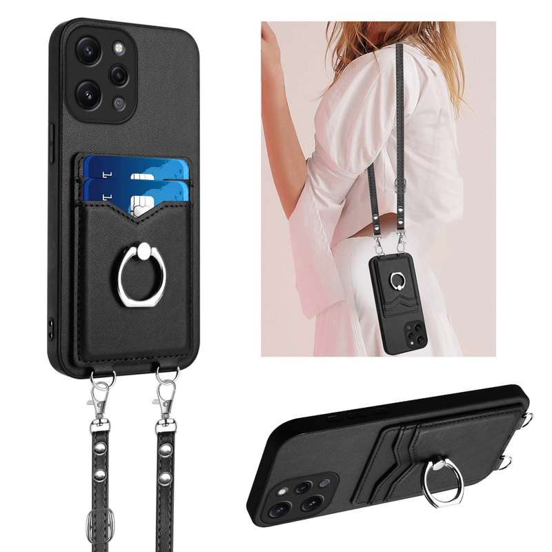 For Xiaomi Redmi 12 4G Global R20 Crossbody Rope Ring Card Holder Phone Case(Black)