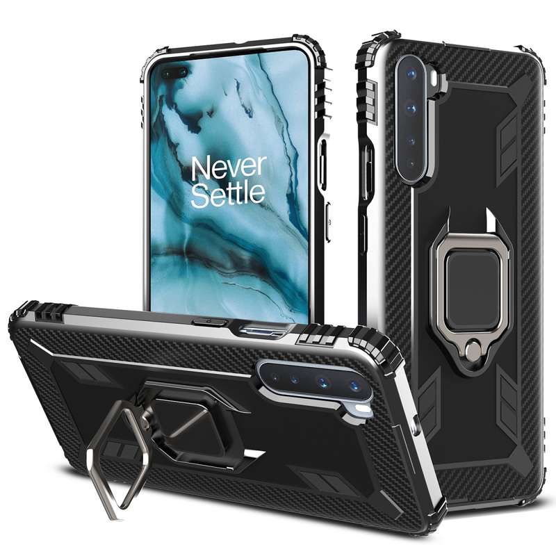 For OnePlus Nord Carbon Fiber Protective Case with 360 Degree Rotating Ring Holder(Blue)