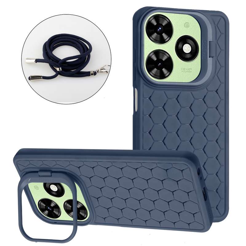 For Tecno Pop 8 Honeycomb Radiating Holder TPU Phone Case with Lanyard(Blue)