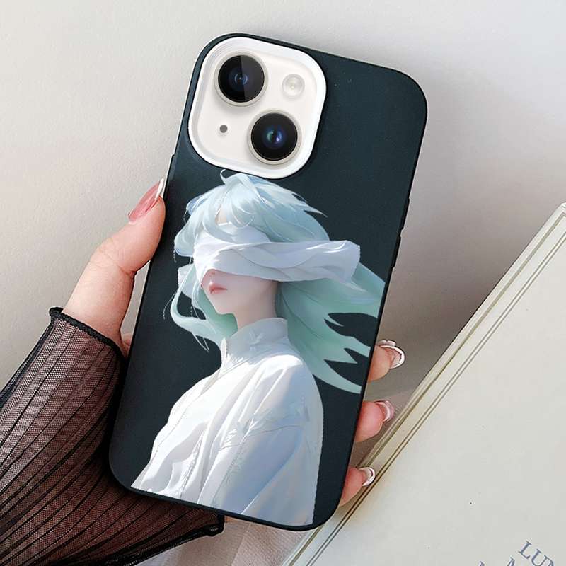 For iPhone 15 Blindfold Girl PC Hybrid TPU Phone Case(Black)
