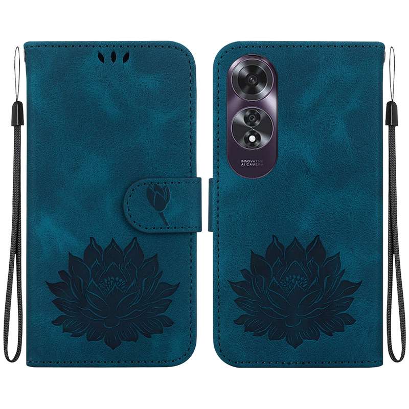 For OPPO A60 4G Lotus Embossed Leather Phone Case(Dark Blue)