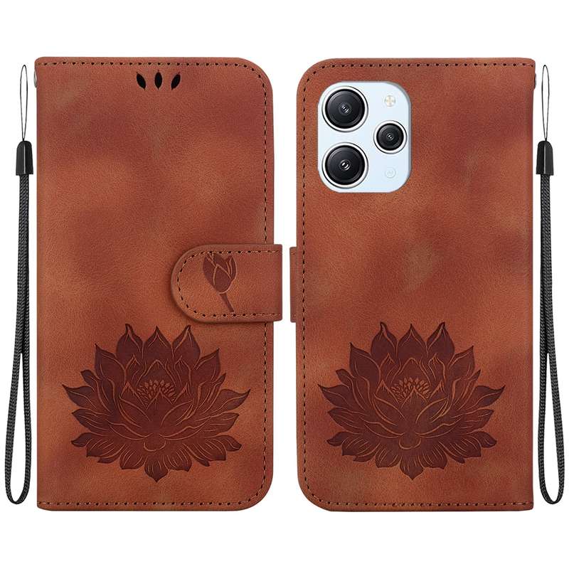 For Xiaomi Redmi 12 4G / 12 5G / Note 12R 5G Lotus Embossed Leather Phone Case(Brown)