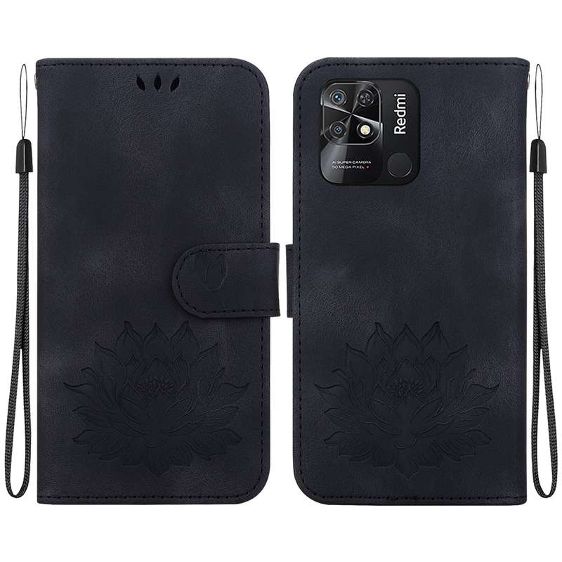 For Xiaomi Redmi 10 Power India Lotus Embossed Leather Phone Case(Black)