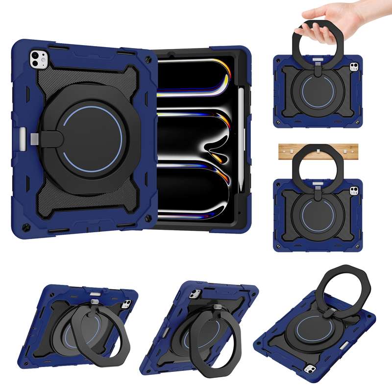 For iPad Pro 13 2024 Armor Portable Rotating Ring Holder Silicone Tablet Case with Pen Slot(Nav