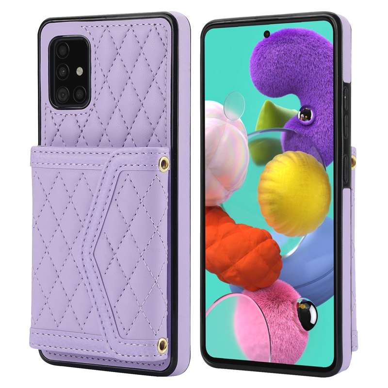 For Samsung Galaxy A51 5G Splicing Rhombic Texture Card Bag Phone Case with Long Lanyard(Purple