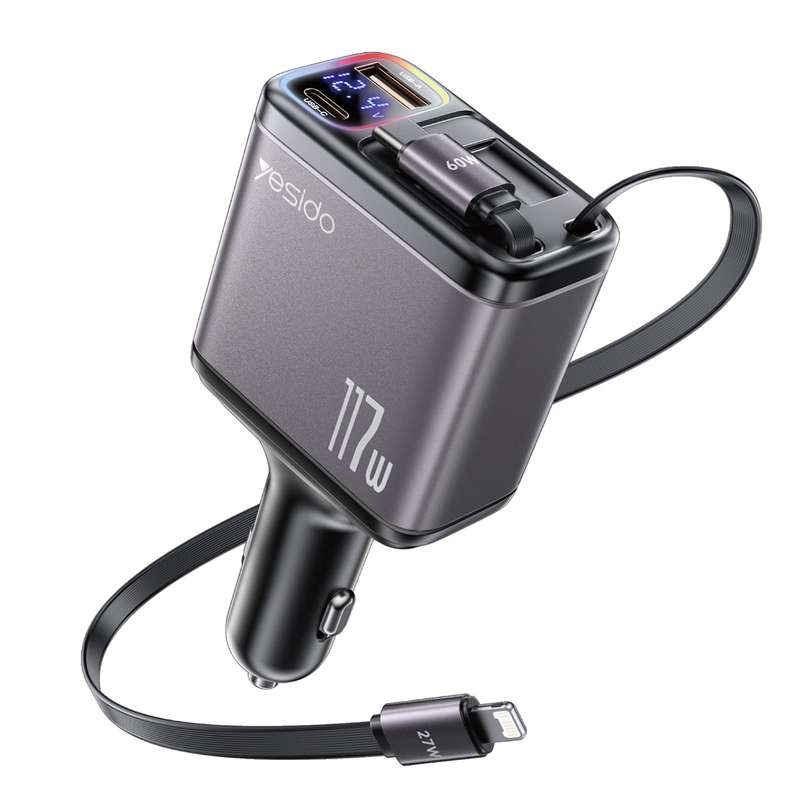 Yesido Y63 4 in 1 117W USB-C / Type-C+USB Multifunctional Retractable Dual Line Digital Display Car
