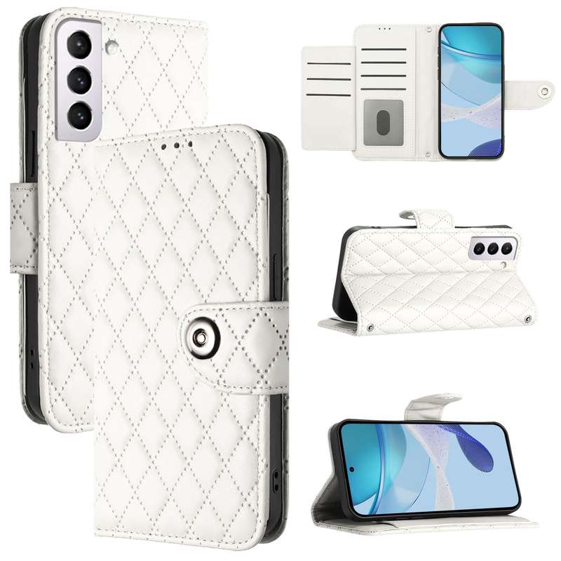 For Samsung Galaxy S21+ 5G Rhombic Texture Flip Leather Phone Case with Lanyard(White)