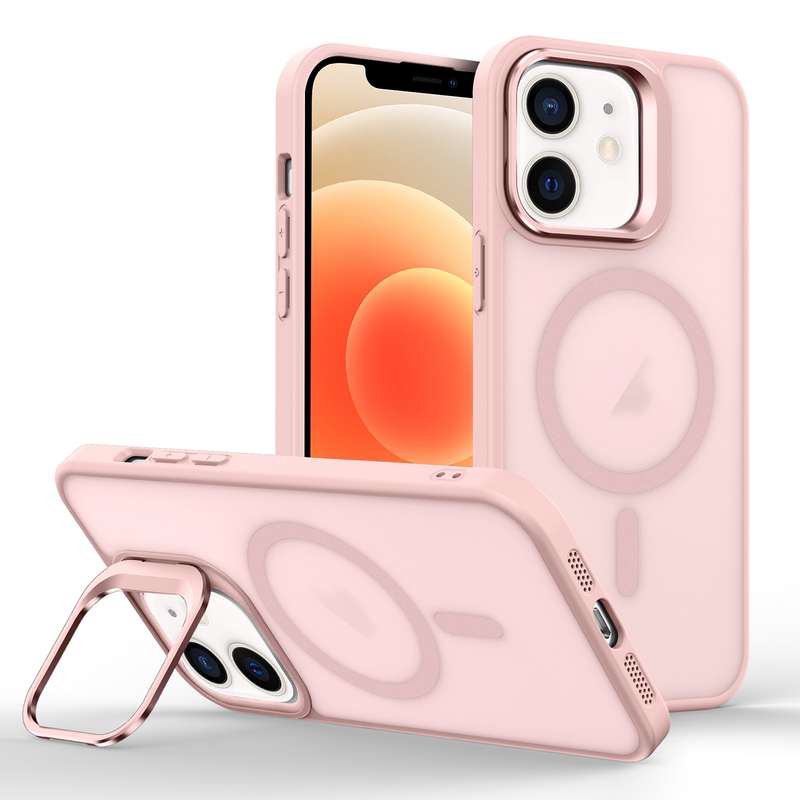 For iPhone 12 Magsafe Skin Feel Lens Holder Phone Case(Pink)