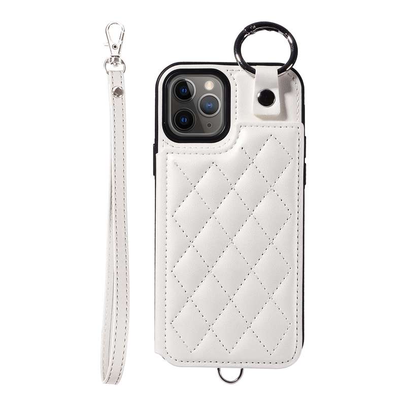 For iPhone 11 Pro Rhombic Texture Card Bag Phone Case with Short Lanyard(White)