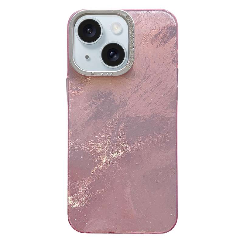 For iPhone 15 Plus Tinfoil Texture Diamond Lens Frame IMD Acrylic Phone Case(Pink)