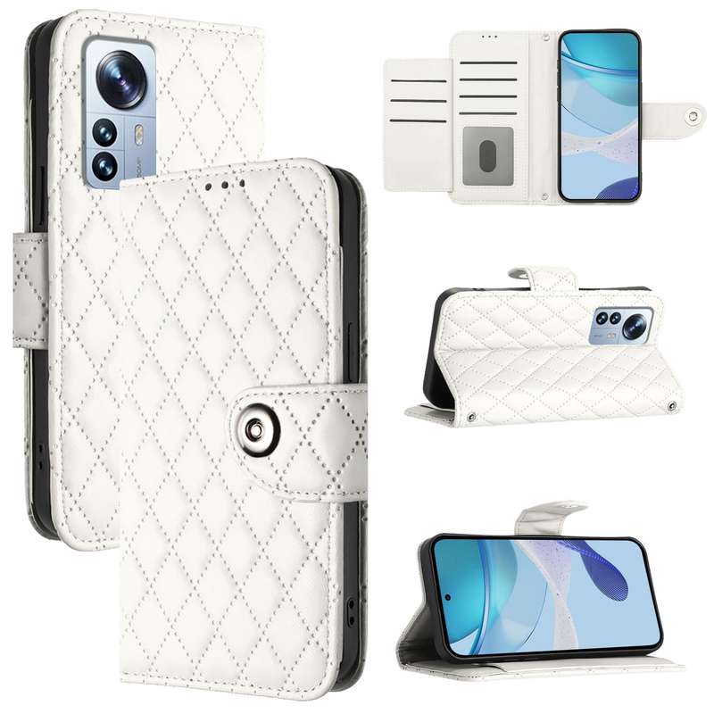 For Xiaomi 12 Pro / 12S Pro Rhombic Texture Flip Leather Phone Case with Lanyard(White)