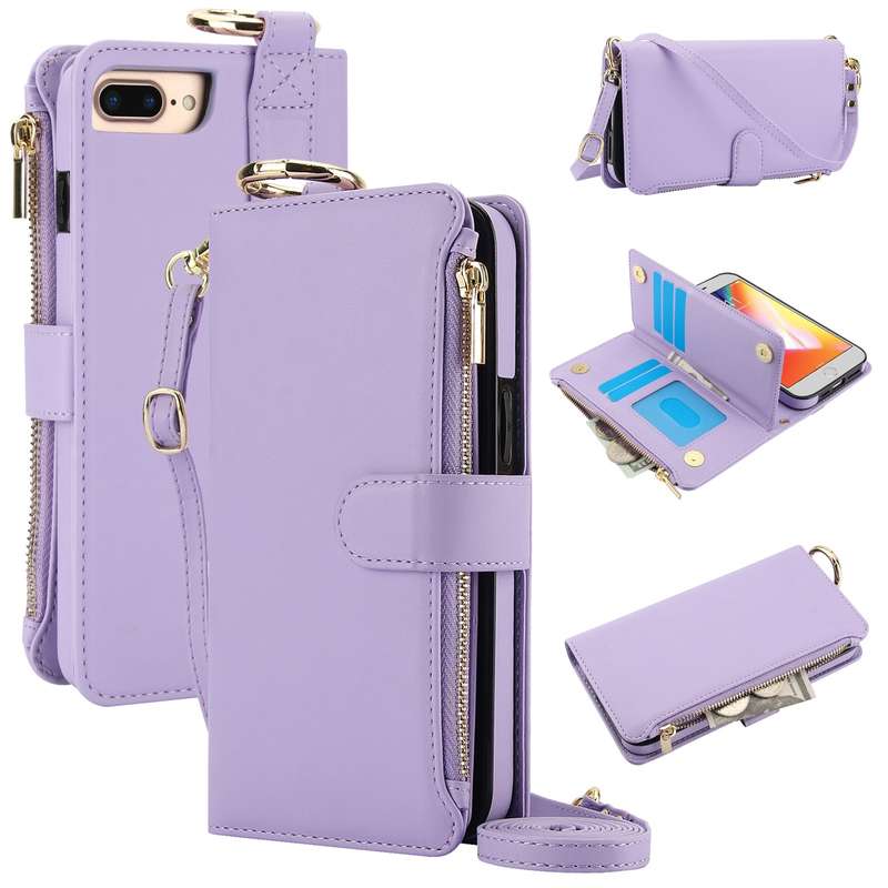 For iPhone 7 / 8 / SE 2022 Crossbody Ring Multifunctional Wallet Leather Phone Case(Purple)