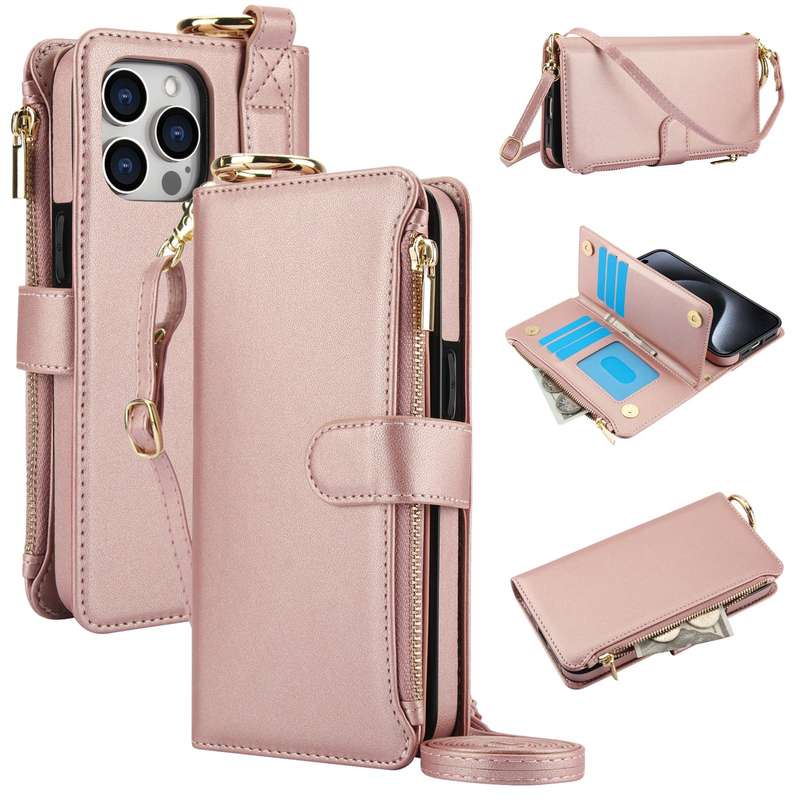 For iPhone 11 Pro Crossbody Ring Multifunctional Wallet Leather Phone Case(Rose Gold)