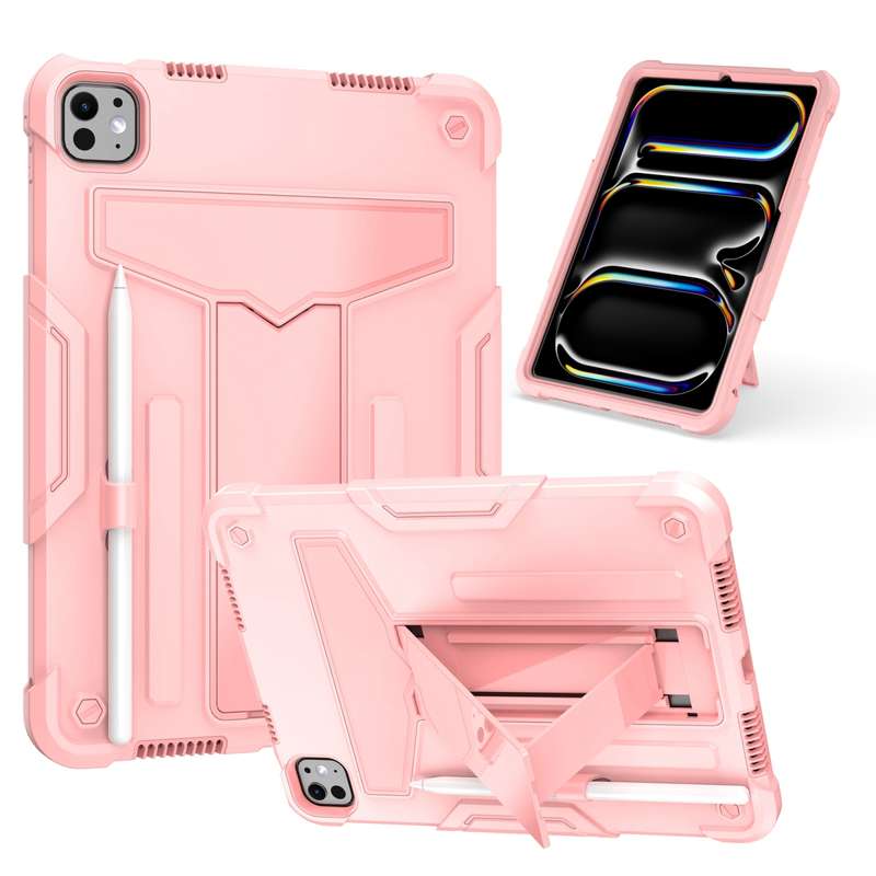 For iPad Pro 11 2024 T Holder Robot Silicone Hybrid PC Tablet Case(Rose Gold)