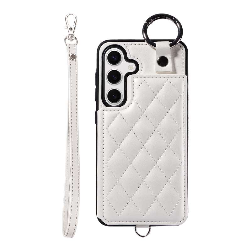 For Samsung Galaxy S24 5G Rhombic Texture Card Bag Phone Case with Short Lanyard(White)