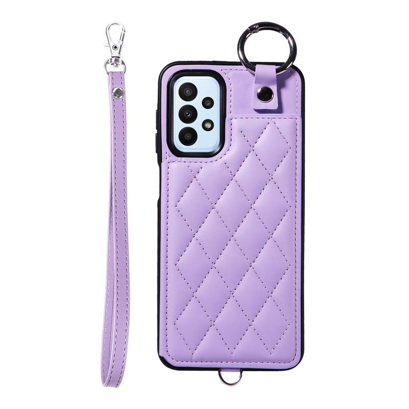 For Samsung Galaxy A23 Rhombic Texture Card Bag Phone Case with Short Lanyard(Purple)