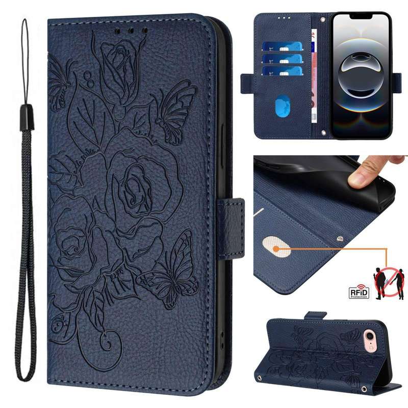 For iPhone SE 2024 Embossed Rose RFID Anti-theft Leather Phone Case(Dark Blue)