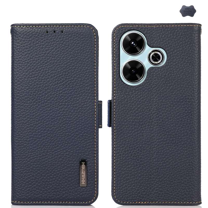 For Redmi 13 4G KHAZNEH Side-Magnetic Litchi Genuine Leather RFID Phone Case(Blue)