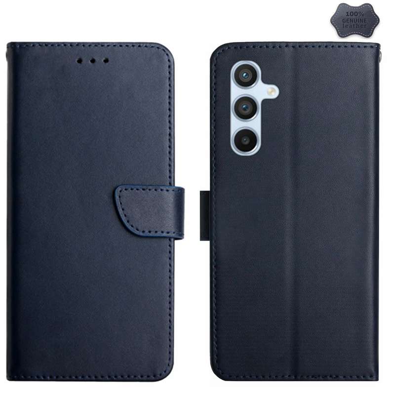 For Samsung Galaxy M35 5G HT02 Genuine Leather Fingerprint-proof Flip Phone Case(Blue)