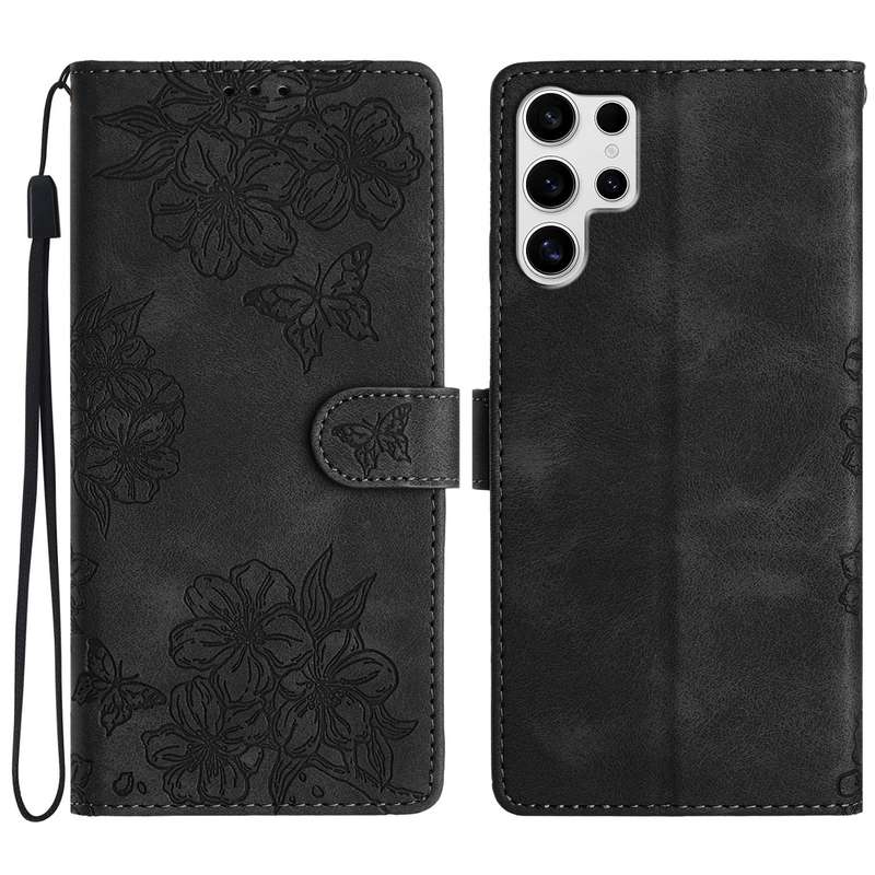 For Samsung Galaxy S25 Ultra 5G Cherry Blossom Butterfly Skin Feel Embossed PU Phone Case(Red)