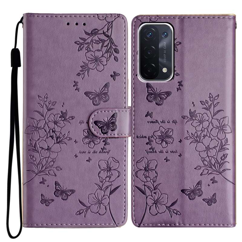 For OPPO A74 5G / A54 5G Butterflies and Flowers Leather Phone Case(Purple)