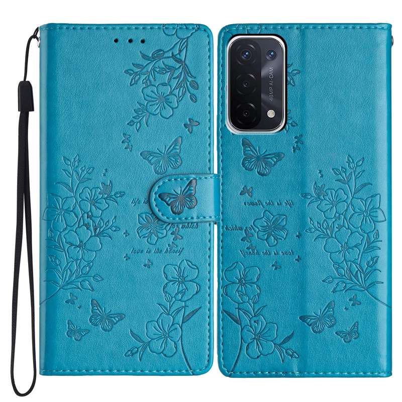 For OPPO A74 5G / A54 5G Butterflies and Flowers Leather Phone Case(Blue)