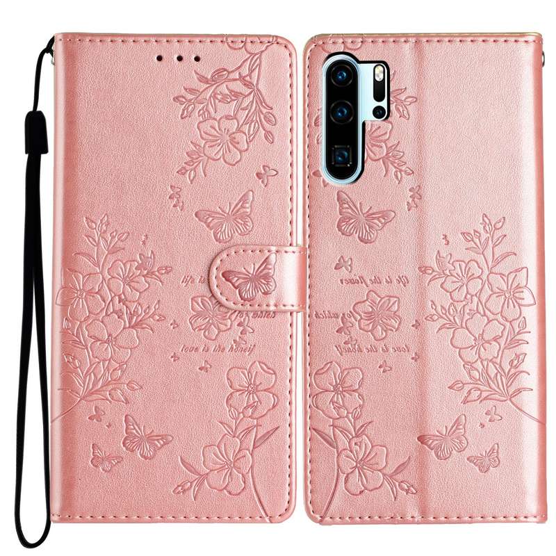 For Huawei P30 Pro Butterflies And Flowers Leather Phone Case(Rose Gold)
