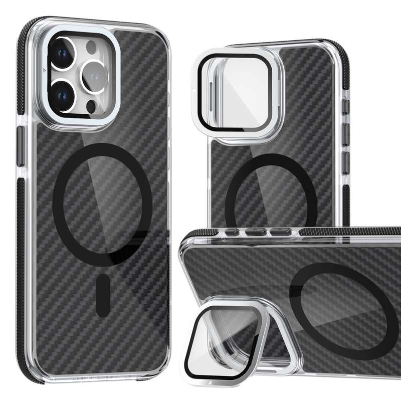 For iPhone 14 Pro Max Magsafe Dual-Color Carbon Fiber Lens Film Phone Case with Lens Fold Holde