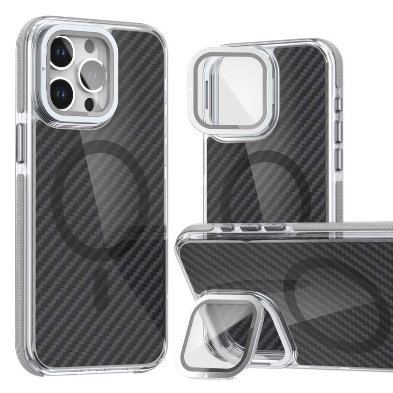 For iPhone 16 Pro Magsafe Dual-Color Carbon Fiber Lens Film Phone Case with Lens Fold Holder(Gr