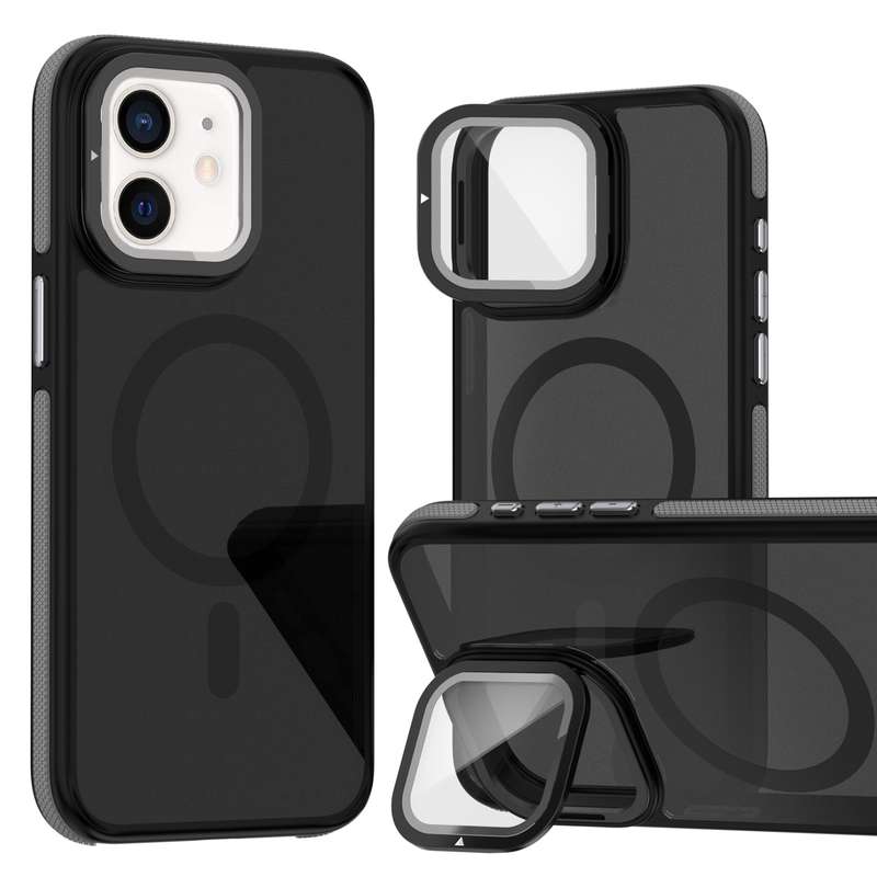 For iPhone 12 Pro / 12 Magsafe Dual-Color Skin Feel Lens Film Phone Case with Lens Fold Holder(