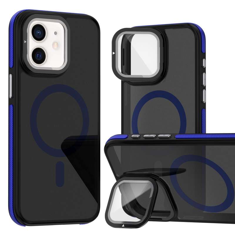 For iPhone 12 Pro / 12 Magsafe Dual-Color Skin Feel Lens Film Phone Case with Lens Fold Holder(