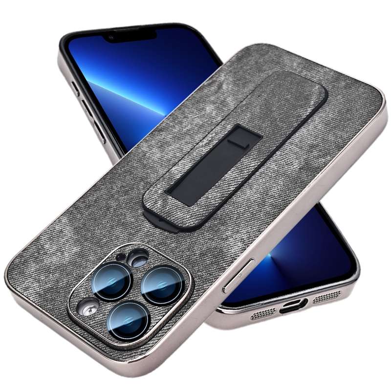 For iPhone 13 Pro Denim Pattern Electroplated Push-pull Bracket Cooling Phone Case(Black)