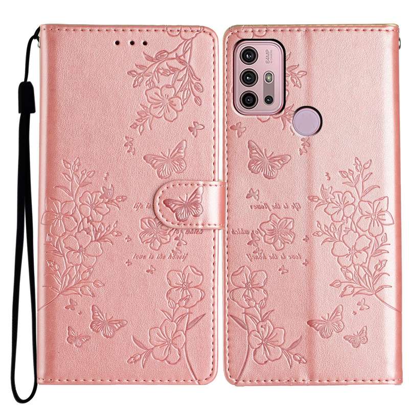 For Motorola Moto G30 Butterflies and Flowers Leather Phone Case(Rose Gold)