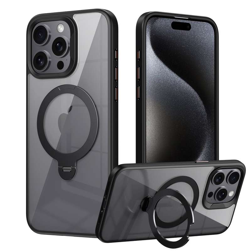 For iPhone 14 Pro Max Transparent MagSafe Magnetic Rotating Ring Holder Phone Case(Black)
